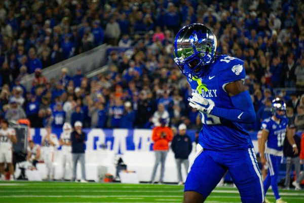 Kentucky wideout Fred Farrier II (13) jogs off the field during the football game vs. Auburn on Saturday, Oct. 26, 2024, at Kroger Field in Lexington, Kentucky. Photo by Isaiah Pinto | Staff