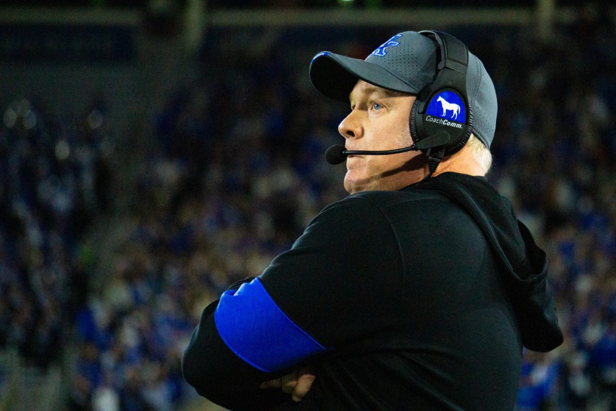 Kentucky Head Coach Mark Stoops watches on during the football game vs. Auburn on Saturday, Oct. 26, 2024, at Kroger Field in Lexington, Kentucky. Photo by Isaiah Pinto | Staff