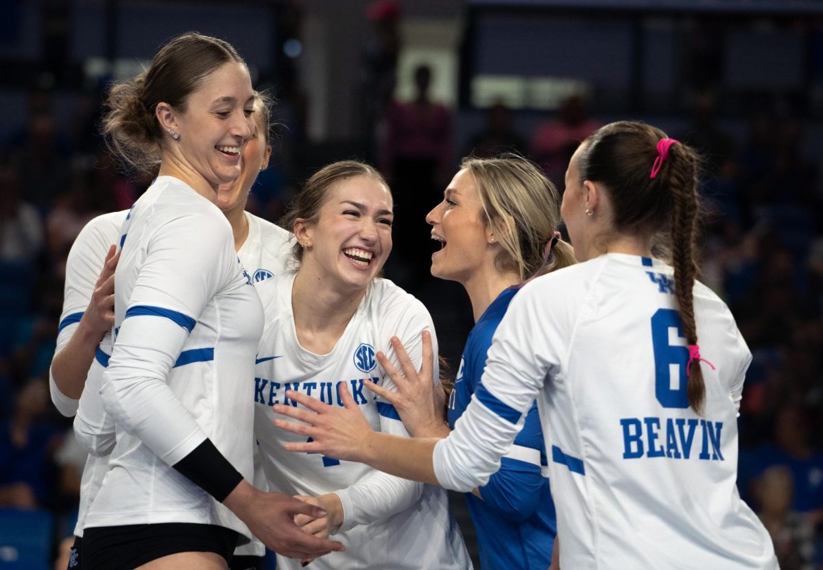 Kentucky Volleyball celebrates after scoring a point during the Kentucky vs Missouri Volleyball game on Sunday, Oct. 6, 2024, at Memorial Coliseum in Lexington, Kentucky. Kentucky won 3-0. Photo by Mateo Smith Villafranco | Staff