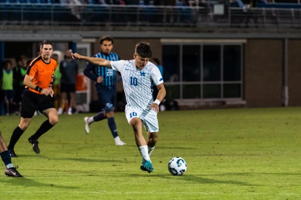 Kentucky Midfielder Agustin Lopez (10) shoots the ball during the Kentucky vs. Old Dominion men’s soccer game on Friday, Oct. 11, 2024, at Wendell and Vickie Bell Soccer Complex in Lexington, Kentucky. Photo by Jack Stamats | Staff