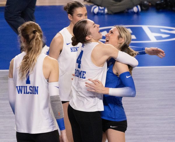 Kentucky Volleyball celebrates after libero Molly Tuozzo (12) scored an ace on Wednesday, October 2, 2024, during the match between Kentucky and Oklahoma at Historic Memorial Coliseum in Lexington, Kentucky won 3-2. Photo by Annie Alvarez | Staff
