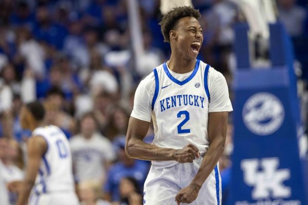 Kentucky guard Jaxson Robinson (2) celebrates after forcing a turnover during the Kentucky men's basketball game vs. Minnesota State Tuesday, Oct. 29, 2024, at Rupp Arena in Lexington, Kentucky. Photo by Matthew Mueller | Staff