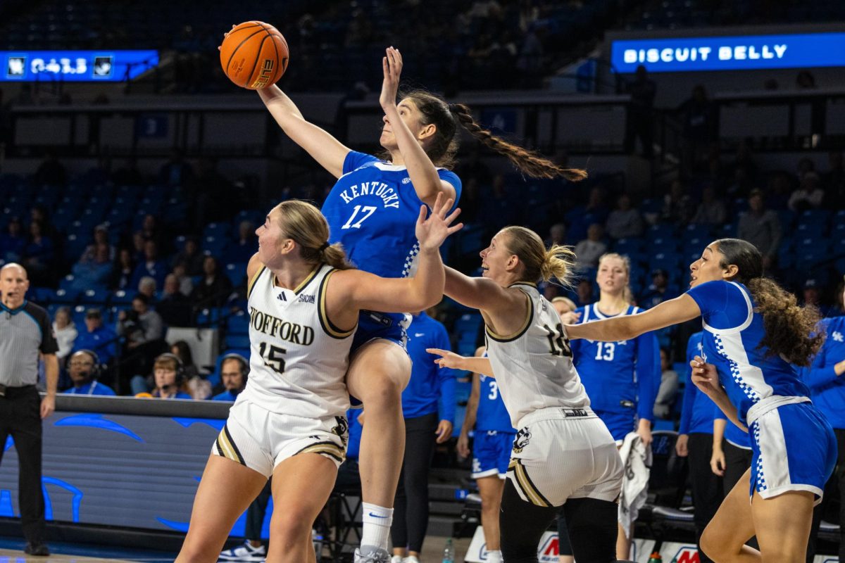 Kentucky Wildcats center Clara Silva (17) jumps for a rebound during the Kentucky vs. Wofford women’s basketball game on Tuesday, Nov. 12, 2024, at Historical Memorial Coliseum in Lexington, Kentucky. Kentucky won 76-42. Photo by Sydney Yonker | Staff