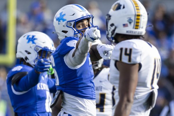 Kentucky Wildcats wide receiver Dane Key (6) points after reaching the first down marker during the football game vs. Murray State Saturday, Nov. 16, 2024, at Kroger Field in Lexington, Kentucky. Photo by Matthew Mueller | Staff