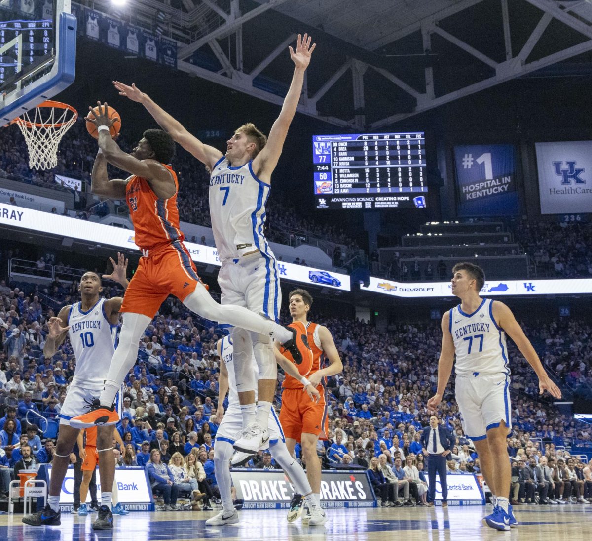 Bucknell Bison forward Pip Ajayi (23) tries to make a lay-up during the basketball game vs. Bucknell on Saturday, Nov. 9, 2024, at Rupp Arena  in Lexington, Kentucky. Kentucky won 100-72. Photo by Matthew Mueller | Staff