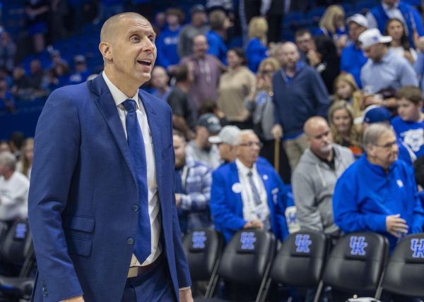 Kentucky Wildcats head coach Mark Pope smiles to his players during the basketball game vs. Bucknell on Saturday, Nov. 9, 2024, at Rupp Arena  in Lexington, Kentucky. Kentucky won 100-72. Photo by Matthew Mueller | Staff