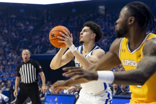 Kentucky Wildcats guard Koby Brea (4) takes a three-point attempt during the basketball game vs. Lipscomb on  Tuesday, Nov. 19, 2024, at Rupp Arena in Lexington, Kentucky. Kentucky won 97-68. Photo by Matthew Mueller | Photo Editor