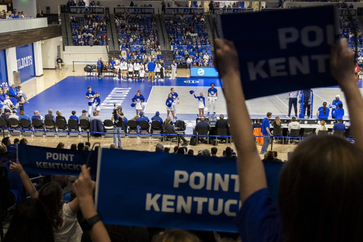 Kentucky fans cheer during a timeout during the Volleyball match vs. Arkansas on Sunday, Nov. 24, 2024, at Historic Memorial Coliseum in Lexington, Kentucky. Kentucky won 3-0. Photo by Matthew Mueller | Photo Editor