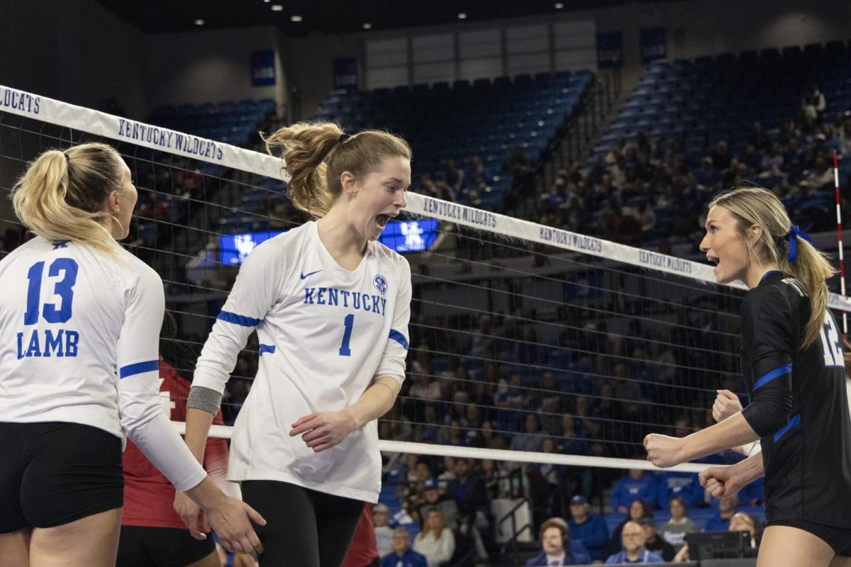 Kentucky outside hitter Megan Wilson (1) celebrates after scoring a point during the Volleyball match vs. Arkansas on Sunday, Nov. 24, 2024, at Historic Memorial Coliseum in Lexington, Kentucky. Kentucky won 3-0. Photo by Matthew Mueller | Photo Editor