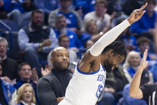 Kentucky Wildcats forward Ansley Almonor (15) celebrates a three-point shot during the basketball game vs. Georgia State on Friday, Nov. 29, 2024, at Rupp Arena in Lexington, Kentucky. Photo by Matthew Mueller | Photo Editor