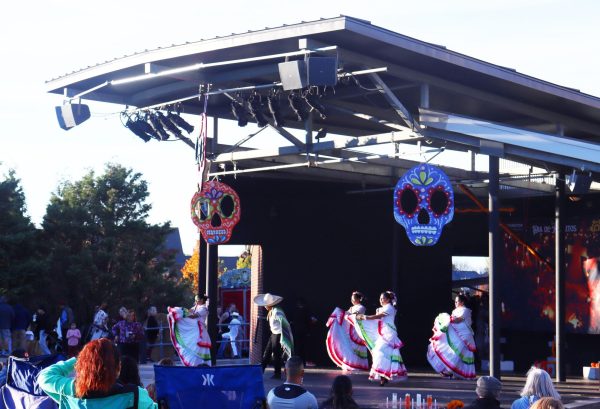 Teenage dance group Alebrije perform a dance from Puebla, Mexico at the Lexington Dia De Los Muertos Festival on Nov. 2, 2024 at the Moondance Amphitheater in Lexington, Kentucky. Photo by Sophia Isaacs | Staff