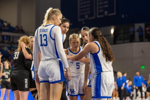 Kentucky discusses its next move during the Kentucky vs USC Upstate women’s basketball game on Monday, Nov. 4, 2024, at Historical Memorial Coliseum in Lexington, Kentucky. Kentucky won 98-43. Photo by Sydney Yonker | Staff