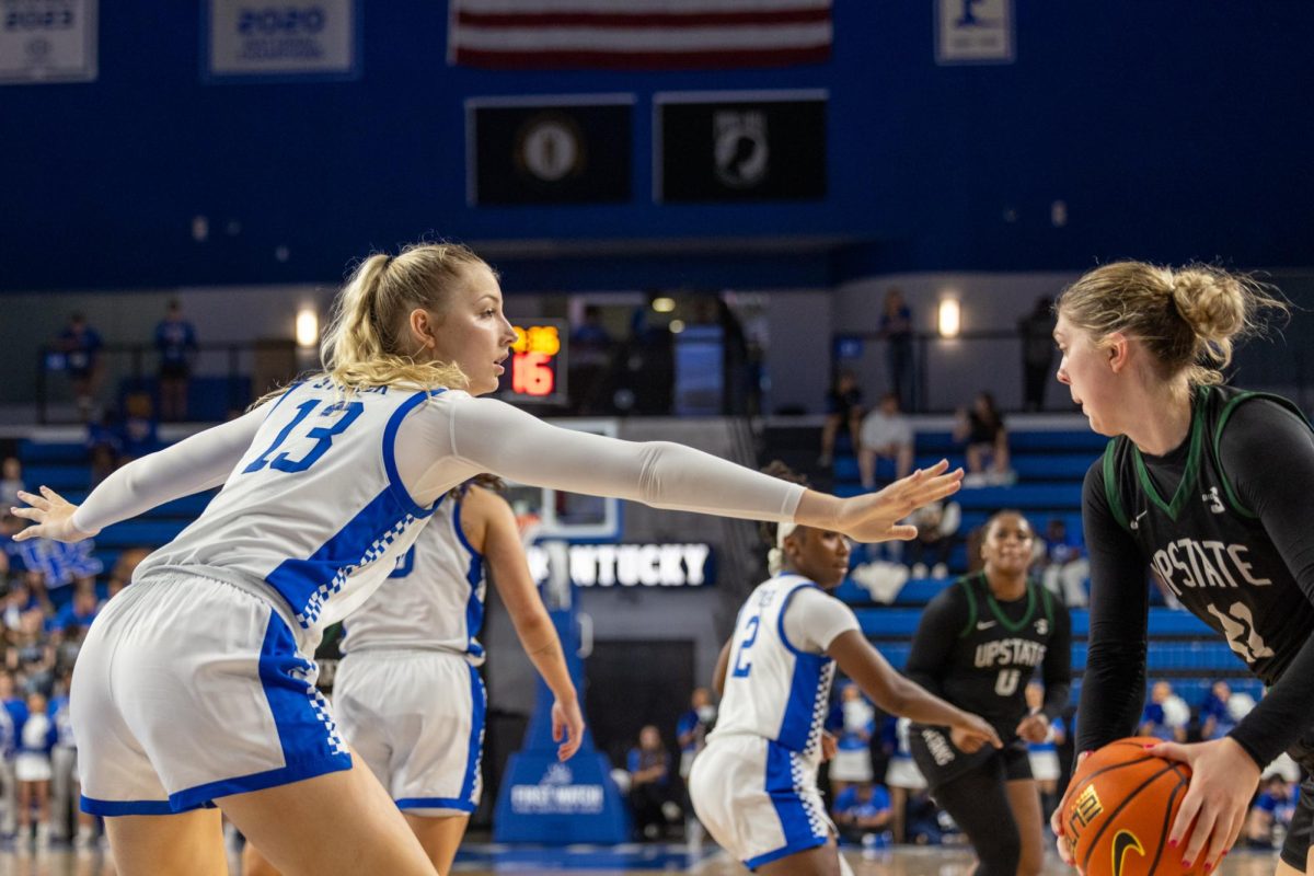 Kentucky center Clara Strack (13) guards the ball during the Kentucky vs USC Upstate women’s basketball game on Monday, Nov. 4, 2024, at Historical Memorial Coliseum in Lexington, Kentucky. Kentucky won 98-43. Photo by Sydney Yonker | Staff