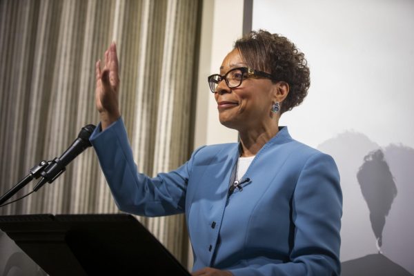 Supreme Court Justice-elect Pamela Goodwine addresses supporters on election night at her watch party in Lexington. Kentucky Lantern photo by Arden Barnes