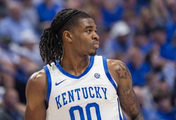 Kentucky Wildcats guard Otega Oweh (0) looks down the court during the basketball game vs. Wright State on Monday, Nov. 4, 2024, at Rupp Arena in Lexington, Kentucky. Kentucky won 103-62. Photo by Matthew Mueller | Staff