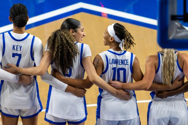 Kentucky guard Tanah Becker (8) and Kentucky guard Dani Lawrence (10) smile at each other before the Kentucky vs. Northen Kentucky women’s basketball game on Thursday, Nov. 7, 2024, at Historical Memorial Coliseum in Lexington, Kentucky. Kentucky won 70-41. Photo by Sydney Novack | Staff