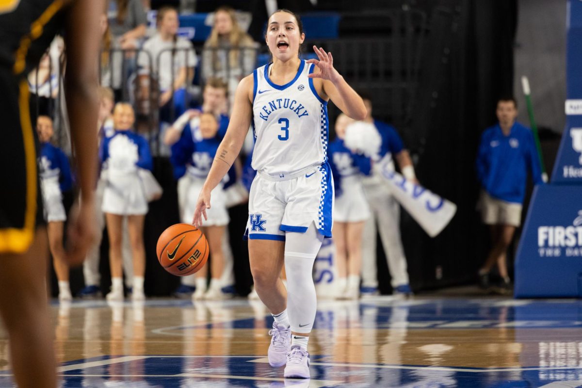 Kentucky guard Georgia Amoore (3) calls a play during the Kentucky vs Northen Kentucky women’s basketball game on Thursday, Nov. 7, 2024, at Historical Memorial Coliseum in Lexington, Kentucky. Kentucky won 70-41. Photo by Sydney Yonker | Staff