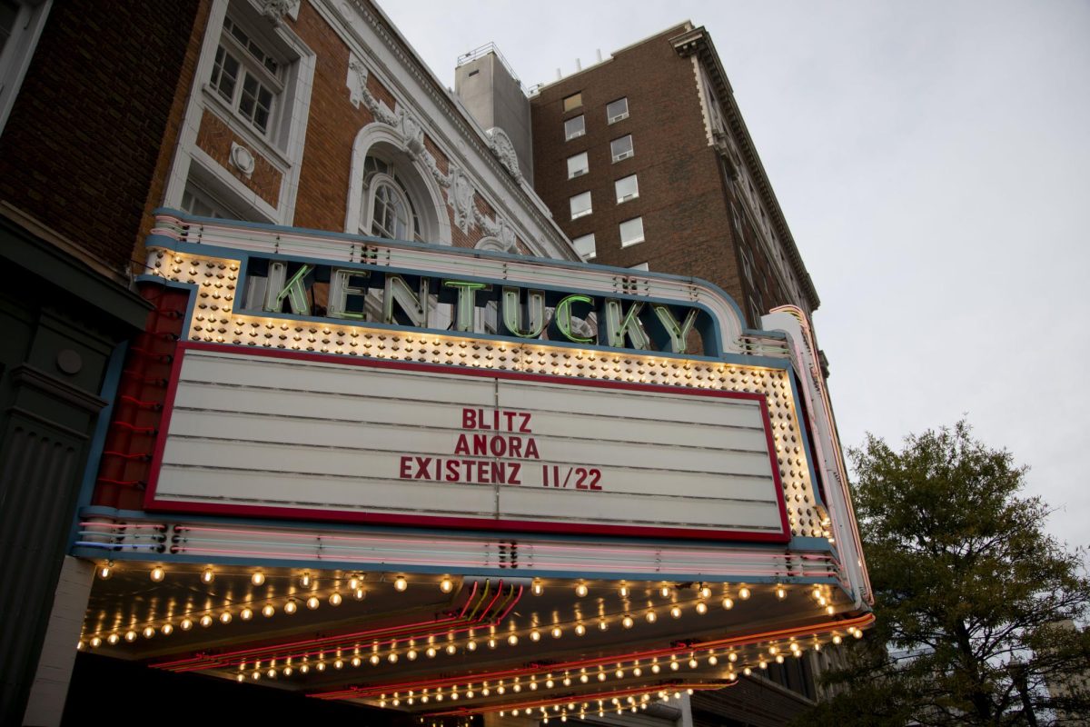 The marquee is lit up with the current movie showings on Wednesday, Nov. 13, 2024, outside of the Kentucky Theatre in Lexington, Kentucky. Photo by Christian Kantosky | Staff