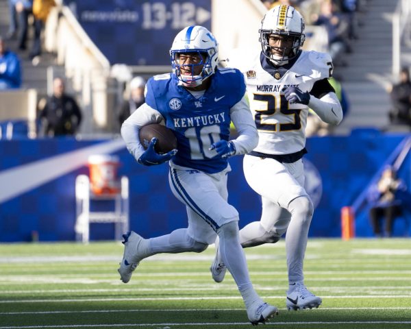 Kentucky Wildcats running back Jamarion Wilcox (10) runs toward the end zone during the Kentucky vs. Murray State football game on Saturday, Nov. 16, 2024, at Kroger Field in Lexington, Kentucky. Photo by Christian Kantosky | Staff