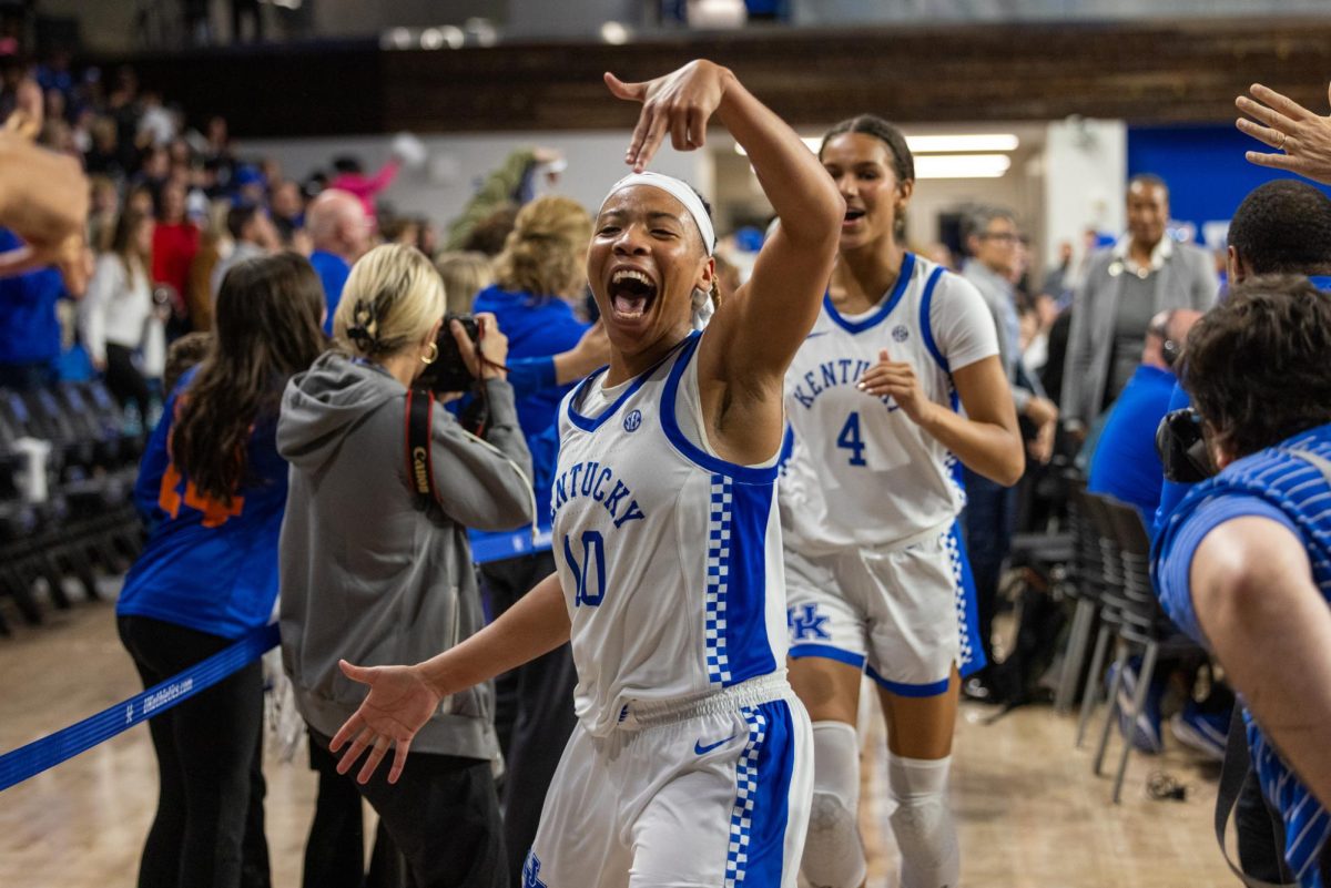 Kentucky Wildcats guard Dazia Lawrence (10) celebrates a win over Louisville during the Kentucky vs. Louisville women’s basketball game on Saturday, Nov. 16, 2024, at Historical Memorial Coliseum in Lexington, Kentucky. Kentucky won 71—61. Photo by Sydney Yonker | Staff