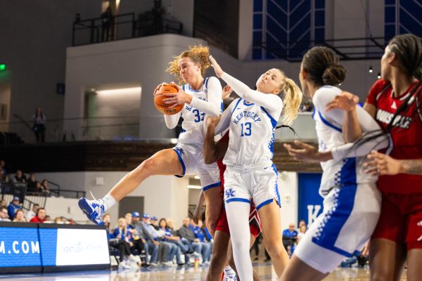 Kentucky Wildcats forward Amelia Hassett (34) rebounds the ball during the Kentucky vs. Louisville women’s basketball game on Saturday, Nov. 16, 2024, at Historical Memorial Coliseum in Lexington, Kentucky. Kentucky won 71—61. Photo by Sydney Yonker | Staff