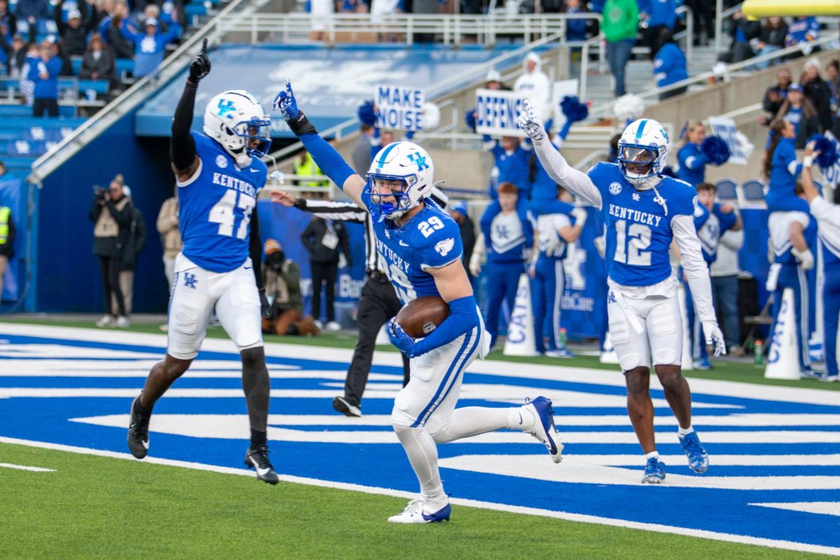 Kentucky Wildcats defensive back Jackson Schulz (29) catches an interception during the football game vs. Murray State on Sunday, Sept. 15, 2024, at Kroger Field in Lexington, Kentucky. Kentucky won 48-6. Photo by Sydney Novack | Staff