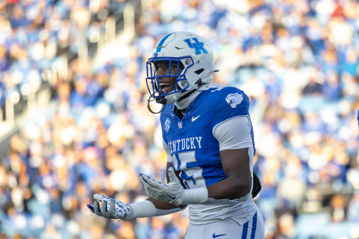 Kentucky Wildcats tight end Khamari Anderson (15) reacts after a call made during the football game vs. Murray State on Sunday, Sept. 15, 2024, at Kroger Field in Lexington, Kentucky. Kentucky won 48-6. Photo by Sydney Novack | Staff