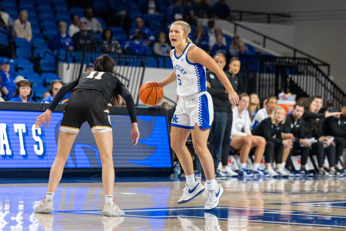 Kentucky Wildcats guard Cassidy Rowe (5) brings the ball up the court during the Kentucky vs. Purdue Fort Wayne women’s basketball game on Monday, Nov. 18, 2024, at Historical Memorial Coliseum in Lexington, Kentucky. Kentucky won 79—67. Photo by Sydney Yonker | Staff