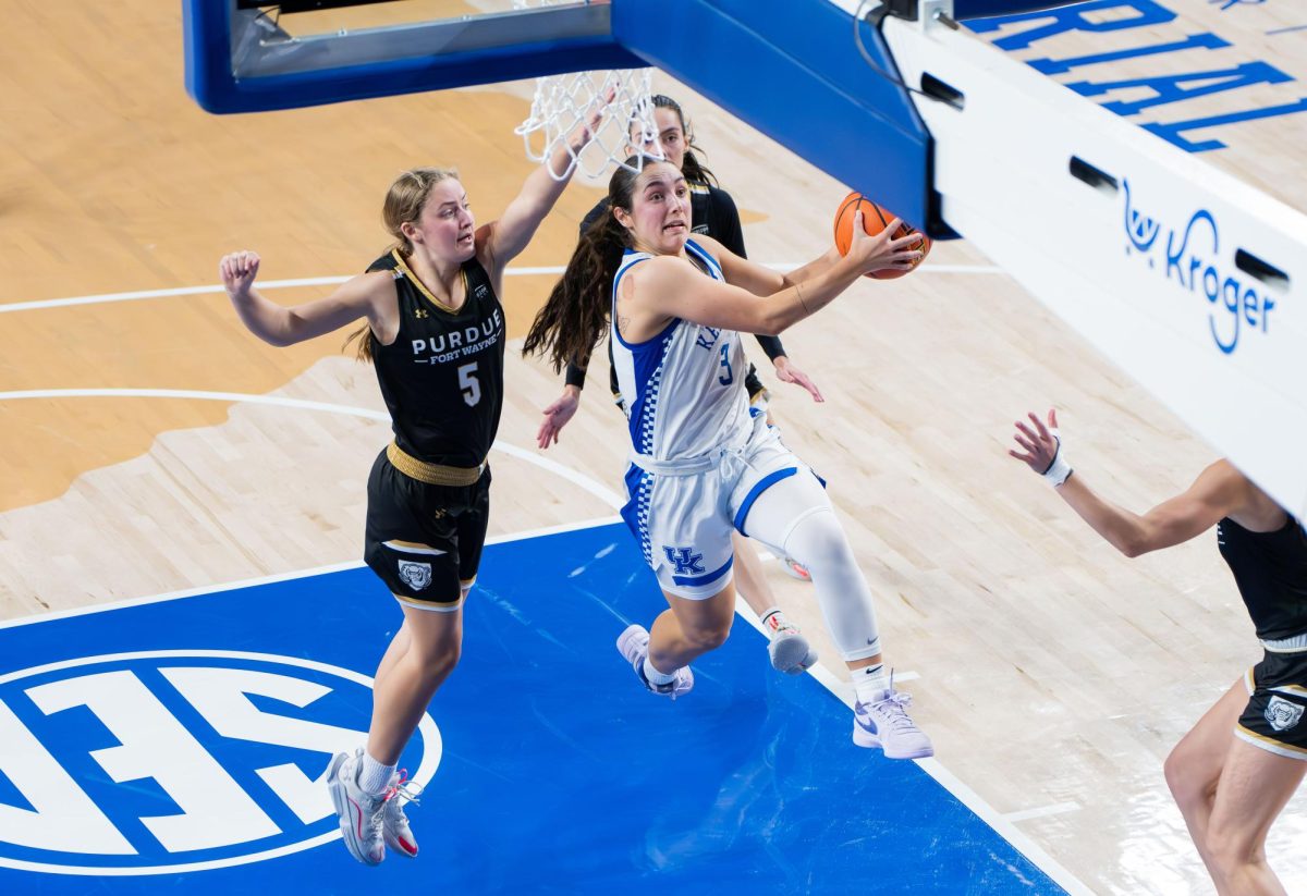 Kentucky Wildcats guard Georgia Amoore (3) drives to the basket during the Kentucky vs. Purdue Fort Wayne women’s basketball game on Monday, Nov. 18, 2024, at Historical Memorial Coliseum in Lexington, Kentucky. Kentucky won 79—67. Photo by Will Luckett | Staff