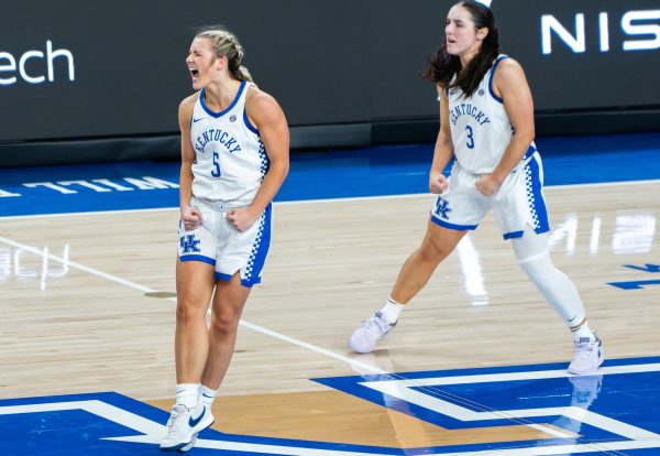 Kentucky Wildcats guard Cassidy Rowe (5) celebrates after a good quarter for the Wildcats during the Kentucky vs. Purdue Fort Wayne women’s basketball game on Monday, Nov. 18, 2024, at Historical Memorial Coliseum in Lexington, Kentucky. Kentucky won 79—67. Photo by Will Luckett | Staff