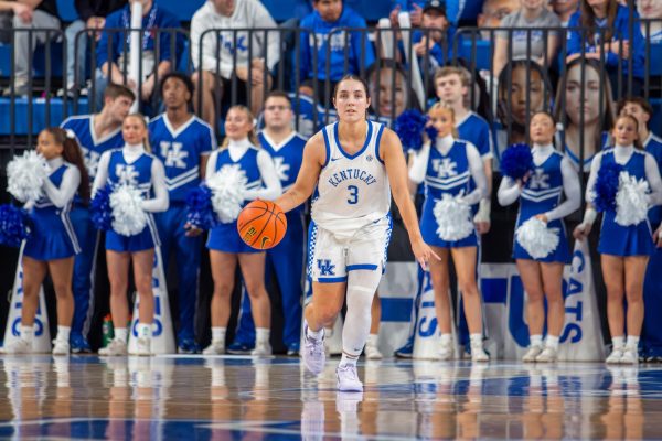 Kentucky Wildcats guard Georgia Amoore (3) dribbles the ball down the court during the Kentucky vs. Purdue Fort Wayne women’s basketball game on Monday, Nov. 18, 2024, at Historical Memorial Coliseum in Lexington, Kentucky. Kentucky won 79-67. Photo by Sydney Novack | Staff