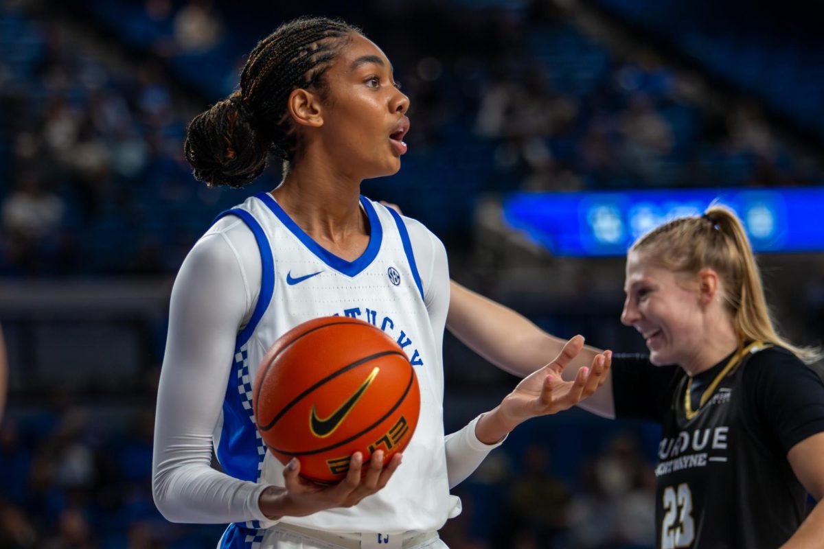 Kentucky Wildcats Teonni Key (7) disagrees with a call during the Kentucky vs. Purdue Fort Wayne women’s basketball game on Monday, Nov. 18, 2024, at Historical Memorial Coliseum in Lexington, Kentucky. Kentucky won 79-67. Photo by Sydney Novack | Staff