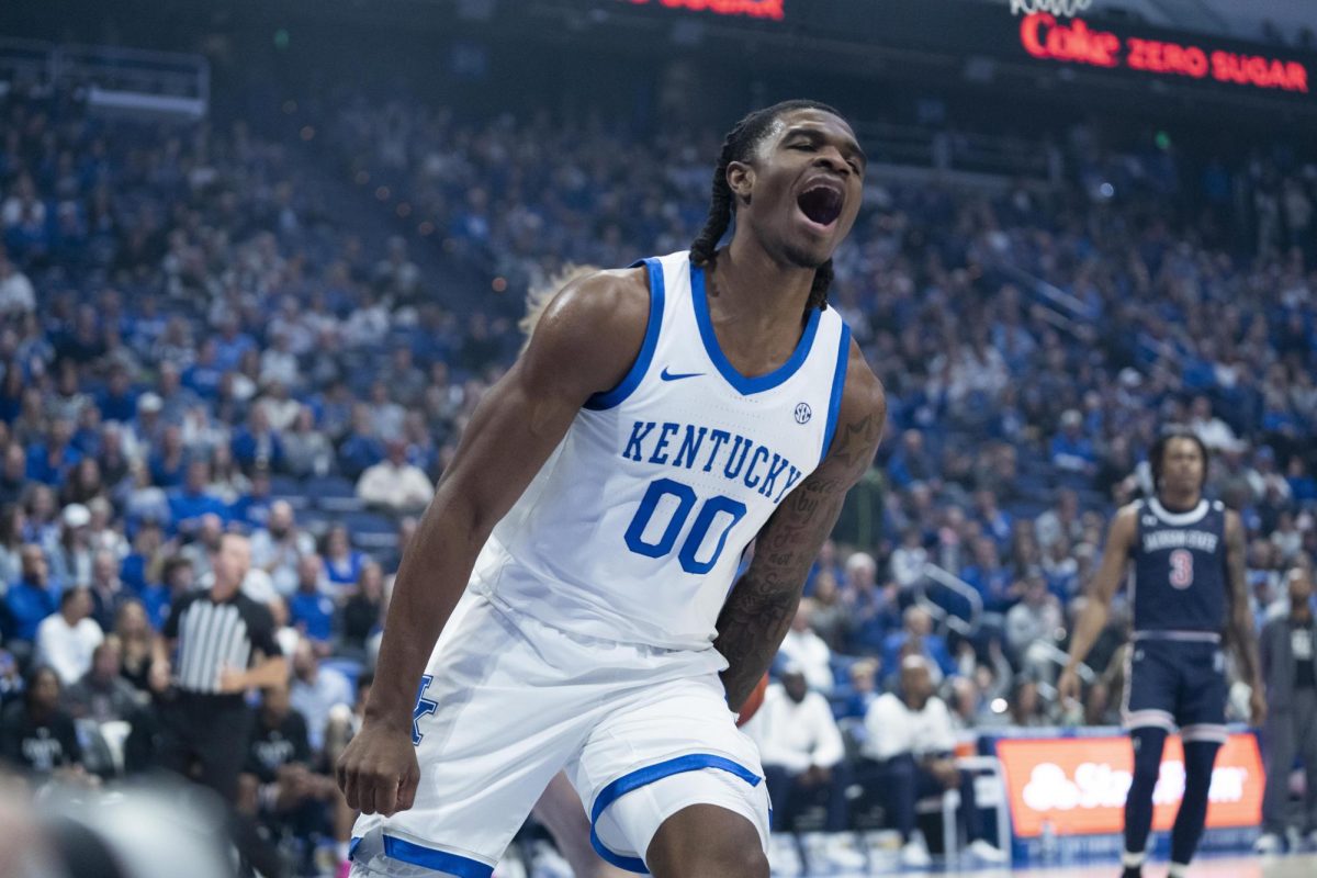 Kentucky Wildcats guard Ortega Oweh celebrates after scoring during the basketball game vs. Jackson State on Friday, Nov. 22, 2024 at Rupp Arena in Lexington, Kentucky. Photo by Christian Kantosky | Assistant Photo Editor