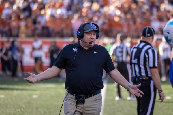 Kentucky Wildcats head coach Mark Stoops shrugs during the Kentucky vs. Texas football game Saturday, Nov. 23, 2024, at Darrell K Royal-Texas Memorial Stadium in Austin, Texas. Kentucky lost 31-14. Photo by Sydney Yonker | Staff