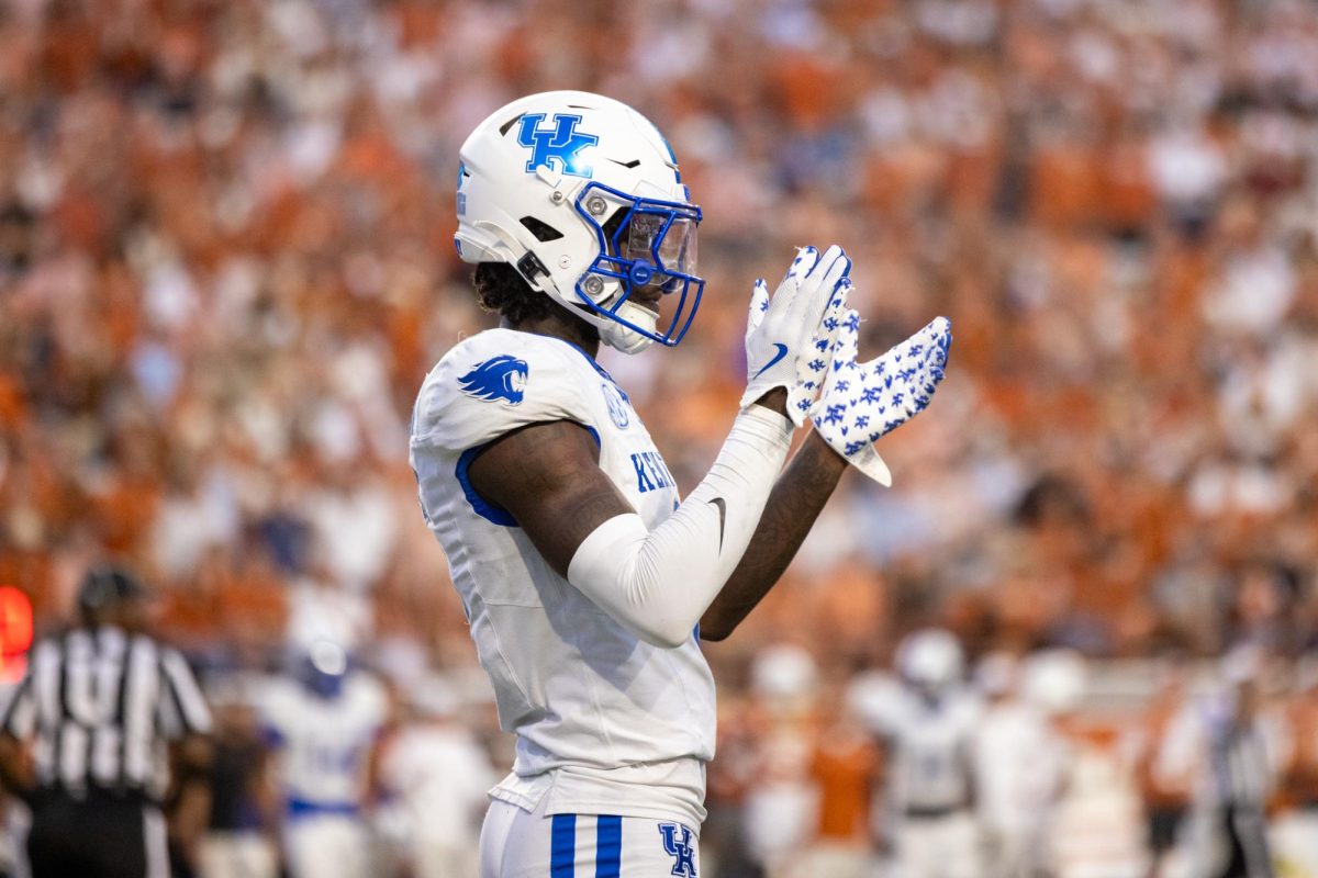 Kentucky Wildcats defensive back JQ Hardaway (6) claps during the Kentucky vs. Texas football game Saturday, Nov. 23, 2024, at Darrell K Royal-Texas Memorial Stadium in Austin, Texas. Kentucky lost 31-14. Photo by Sydney Yonker | Staff