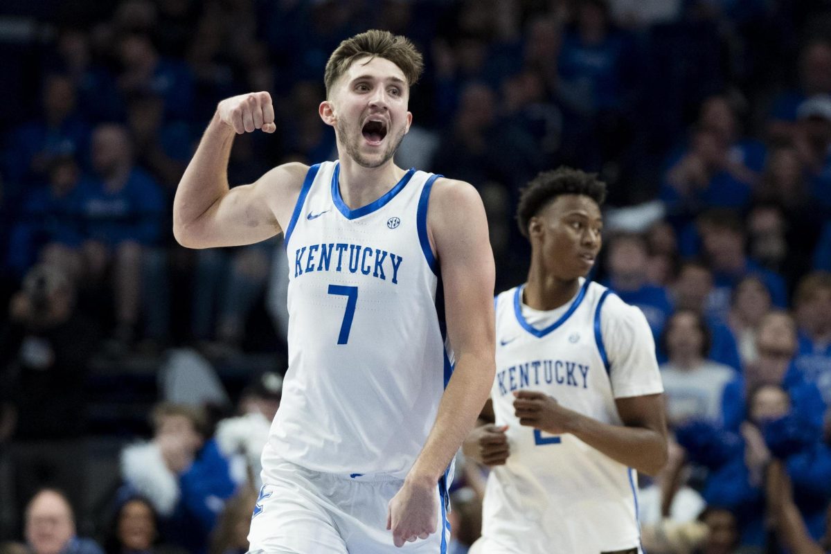 Kentucky Wildcats forward Andrew Carr (7) celebrates after scoring during the basketball game vs. WKU on Tuesday, Nov. 26, 2024, at Rupp Arena in Lexington, Kentucky. Kentucky won 87-68. Photo by Christian Kantosky | Assistant Photo Editor