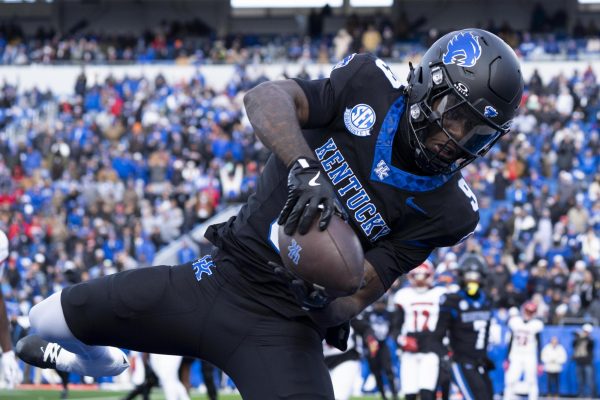 Kentucky Wildcats wide receiver Ja'Mori Maclin (9) catches a touchdown during the football game vs. Louisville on Saturday, Nov. 30, 2024, at Kroger Field in Lexington, Kentucky. Kentucky lost 41-14. Photo by Christian Kantosky | Assistant Photo Editor