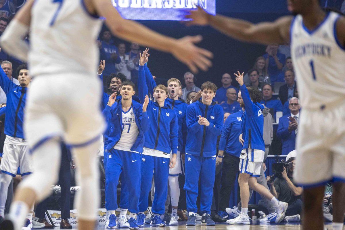 Kentucky Wildcats bench celebrates after a play during the basketball game vs. Wright State on Monday, Nov. 4, 2024, at Rupp Arena in Lexington, Kentucky. Photo by Matthew Mueller | Staff