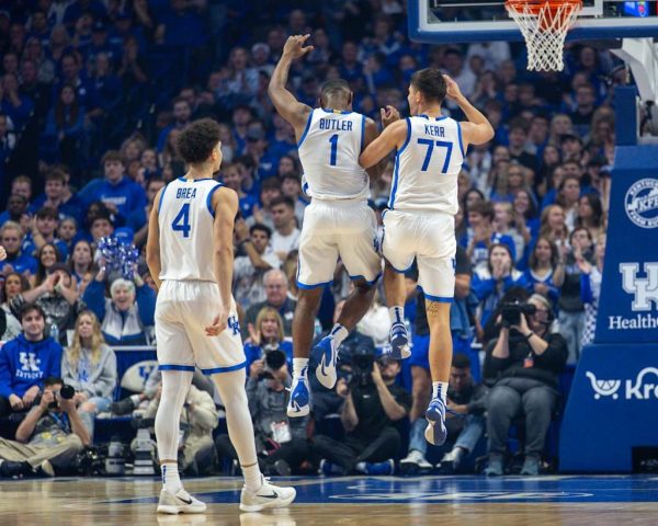 Kentucky guard Kerr Karisa (77) celebrates after hitting a three-point shot during the basketball game vs. Bucknell on Saturday, Nov. 9, 2024, at Rupp Arena in Lexington, Kentucky. Photo by Matthew Mueller | Staff