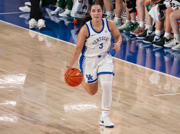 Kentucky guard Georgia Amoore (3) dribbles the ball down the court during the Kentucky vs USC Upstate women’s basketball game on Monday, Nov. 4, 2024, at Historic Memorial Coliseum in Lexington, Kentucky. Kentucky won 98-43. Photo by Greysun Niehaus | Staff