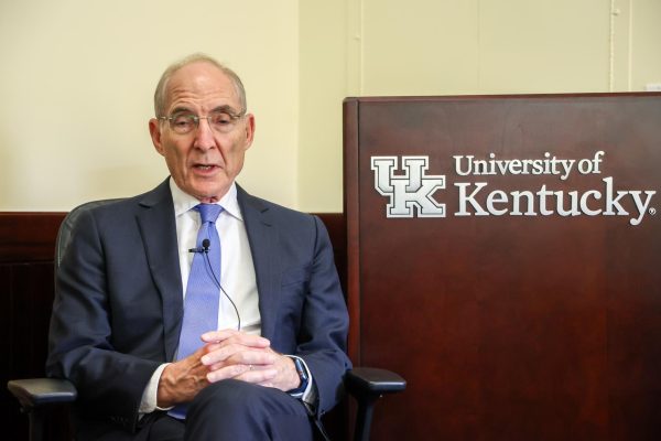 University of Kentucky President Eli Capilouto speaks to the Kentucky Kernel editors in an interview on Wednesday, Nov. 13, 2024, at the Main Building in Lexington, Kentucky. Photo by Abbey Cutrer | Staff