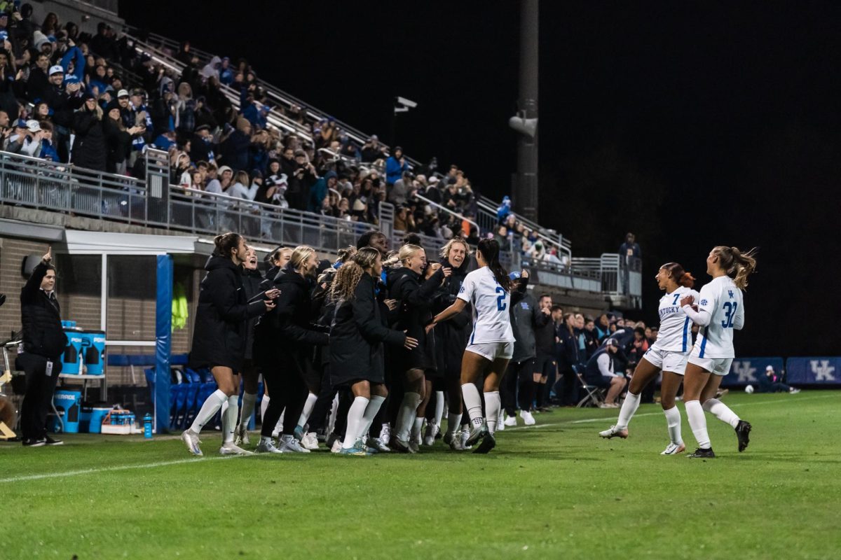 Kentucky Wildcat Forward Maddie
Kemp (2) celebrates with her team after her equalizing goal in the Kentucky vs. WVU soccer match on Friday, Nov. 15, 2024, at the Wendell and Vickie Bell Soccer Complex, in Lexington, Kentucky. Kentucky won 4-2 in penalties in the first round of the NCAA Women’s Soccer Championship. Photo by Jack Stamats | Staff