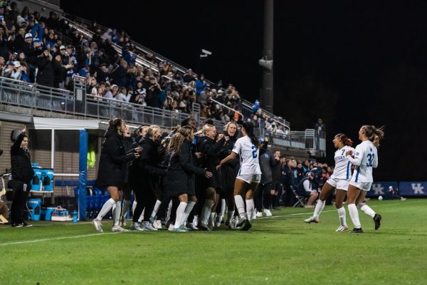 Kentucky Wildcat Forward Maddie
Kemp (2) celebrates with her team after her equalizing goal in the Kentucky vs. WVU soccer match on Friday, Nov. 15, 2024, at the Wendell and Vickie Bell Soccer Complex, in Lexington, Kentucky. Kentucky won 4-2 in penalties in the first round of the NCAA Women’s Soccer Championship. Photo by Jack Stamats | Staff