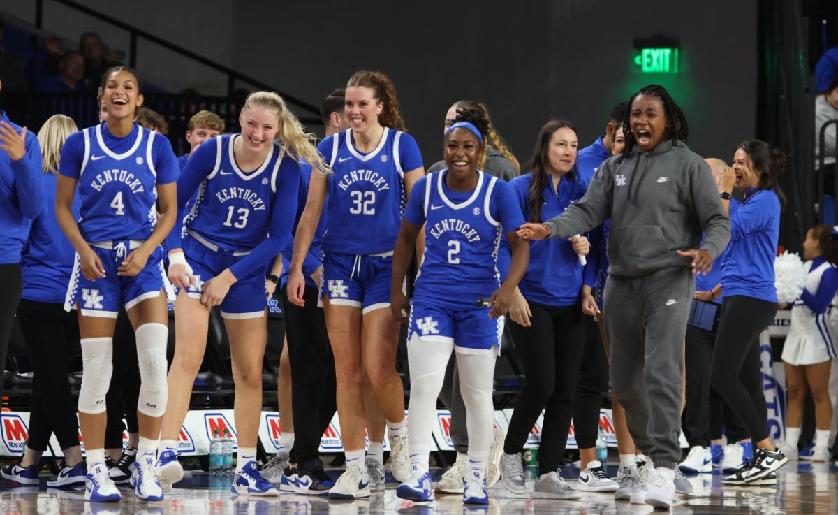 Kentucky Wildcats Bench celebrates after a huge block was made on a Wofford shot during the Kentucky vs Wofford Woman's Basketball game on Tuesday Nov. 12, 2024, at Historic Memorial Coliseum in Lexington Kentucky. Kentucky won 76-42. Photo by Robert Robinson