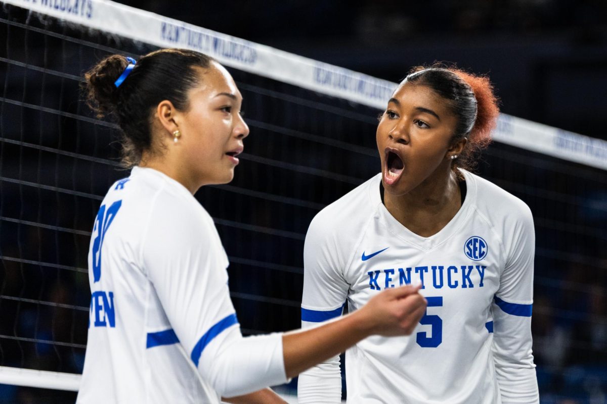 Kentucky Middle Blocker Jordyn Dailey (5), celebrates after scoring a point during the match between Kentucky and LSU on Sunday, Nov. 10, 2024, at Historic Memorial Coliseum in Lexington Kentucky. Kentucky won 3-0. Photo by Jack Stamats | Staff