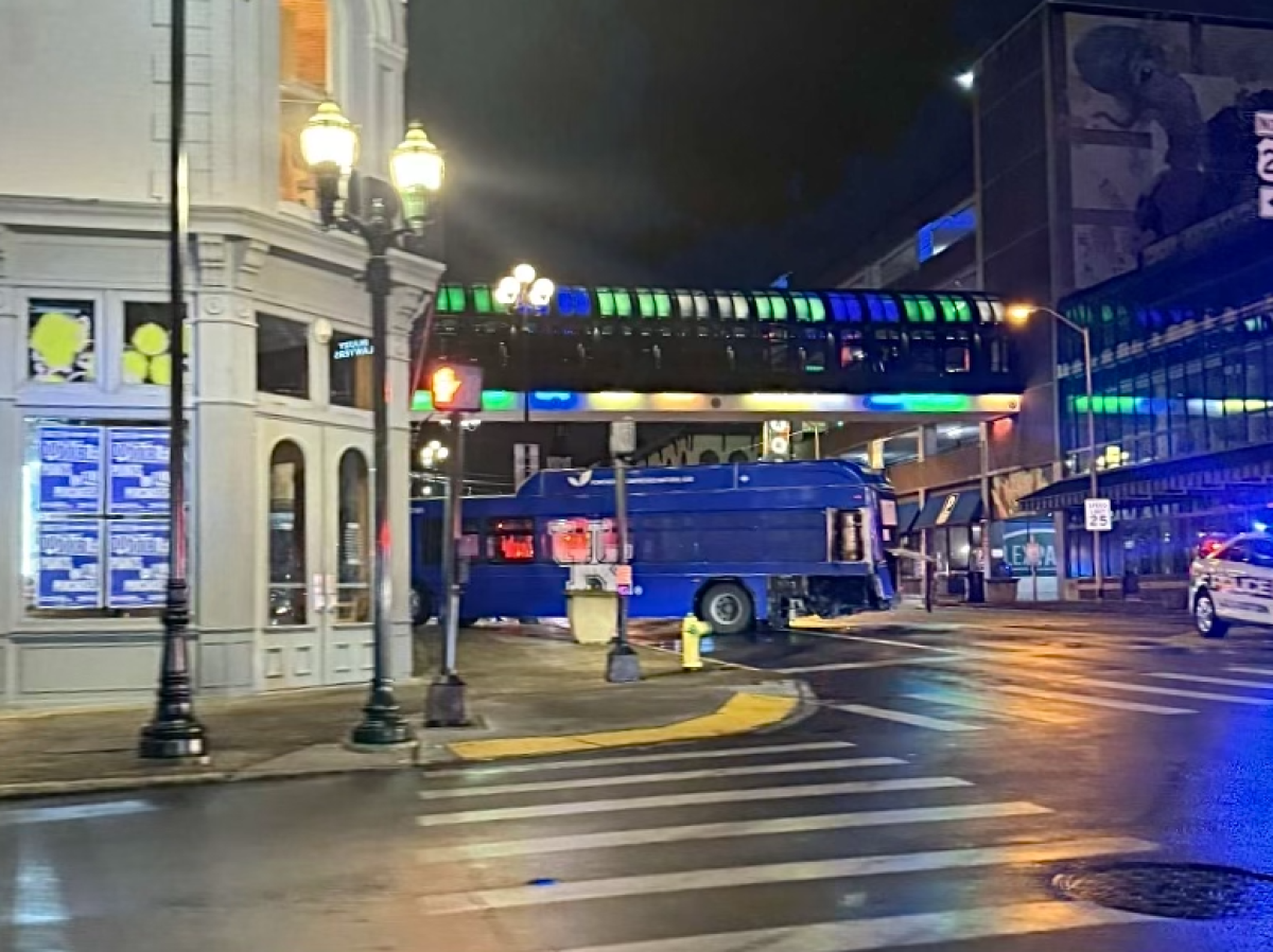 A bus crashed into the Urban Outfitters in downtown Lexington on Friday, Nov. 1, 2024, at The Square in Lexington, Kentucky. Photo provided by Diego Sanchez.