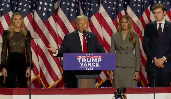 Donald Trump delivers a victory speech at his official watch party in the early hours of Nov. 6, 2024 at a Mar-a-Lago property in Palm Beach, Florida. Photo from livestream by the Associated Press.