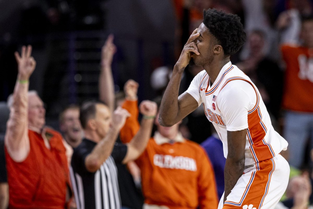 Clemson Tigers forward Chauncey Wiggins (7) celebrates after hitting a three-pointer during the basketball game vs. Clemson on Tuesday, Dec. 3, 2024, at Littlejohn Coliseum in Clemson , South Carolina . Kentucky lost 70-66. Photo by Matthew Mueller | Photo Editor