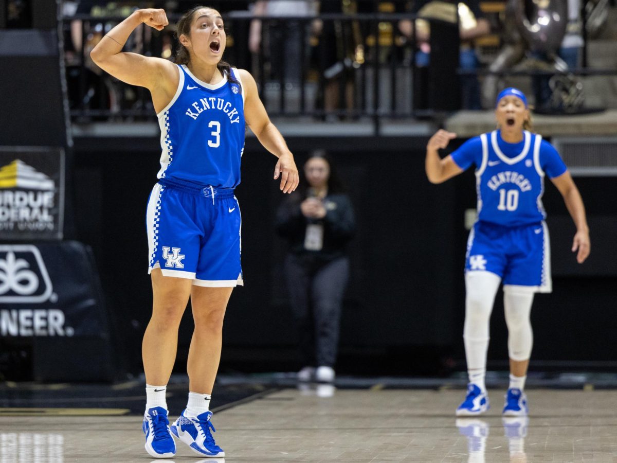 Kentucky Wildcats guard Georgia Amoore (3) calls a defensive play during the Kentucky vs Purdue women’s basketball on Saturday, Dec. 14, 2024, at Mackey Arena in West Lafayette, Indiana. Kentucky won 82-52. Photo by Sydney Yonker | Staff