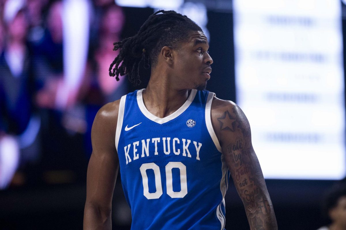 Kentucky Wildcats guard Otega Oweh (00) looks over his shoulder after a timeout ended during the basketball game vs. Vanderbilt on Saturday, Jan. 25, 2025, at Memorial Gymnasium in Nashville, Tennessee. Kentucky lost 74-69. Photo by Matthew Mueller | Photo Editor